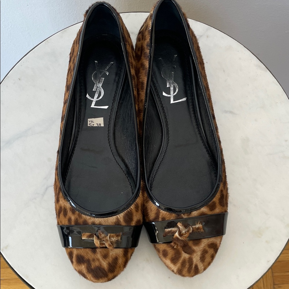 Yves Saint Laurent Brown Leopard Flats with Black Bow 38